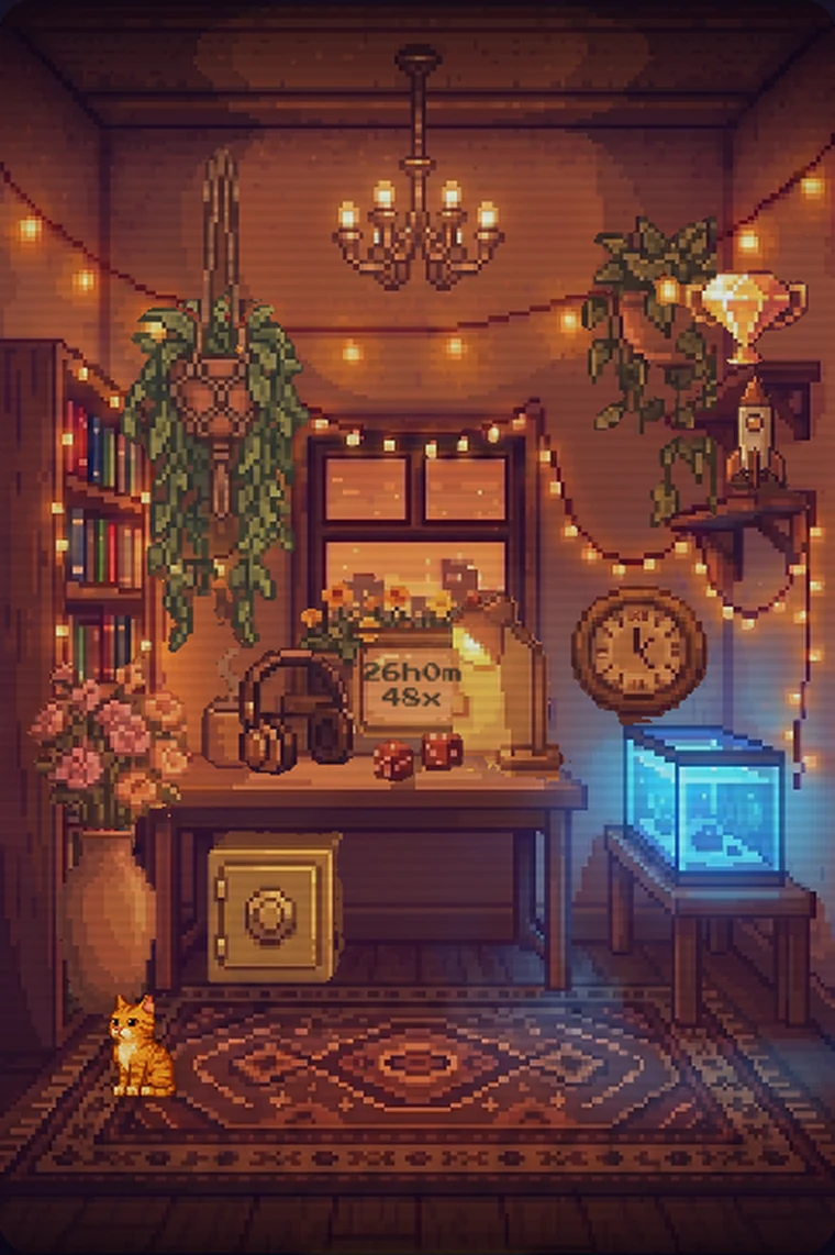 The same room fully furnished: hanging plants, a trophy shelf, headphones on the desk, an aquarium, and a cat on the rug