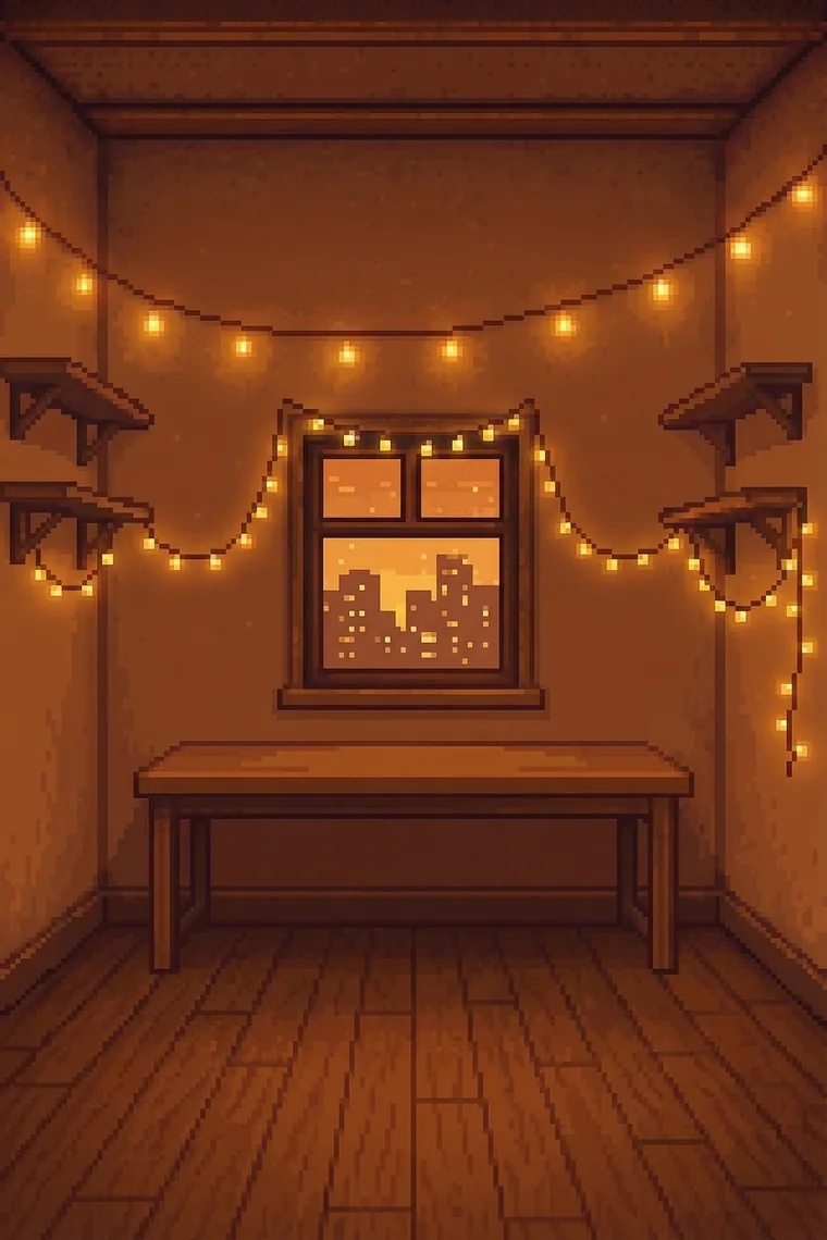 An empty pixel-art room with a desk and a window