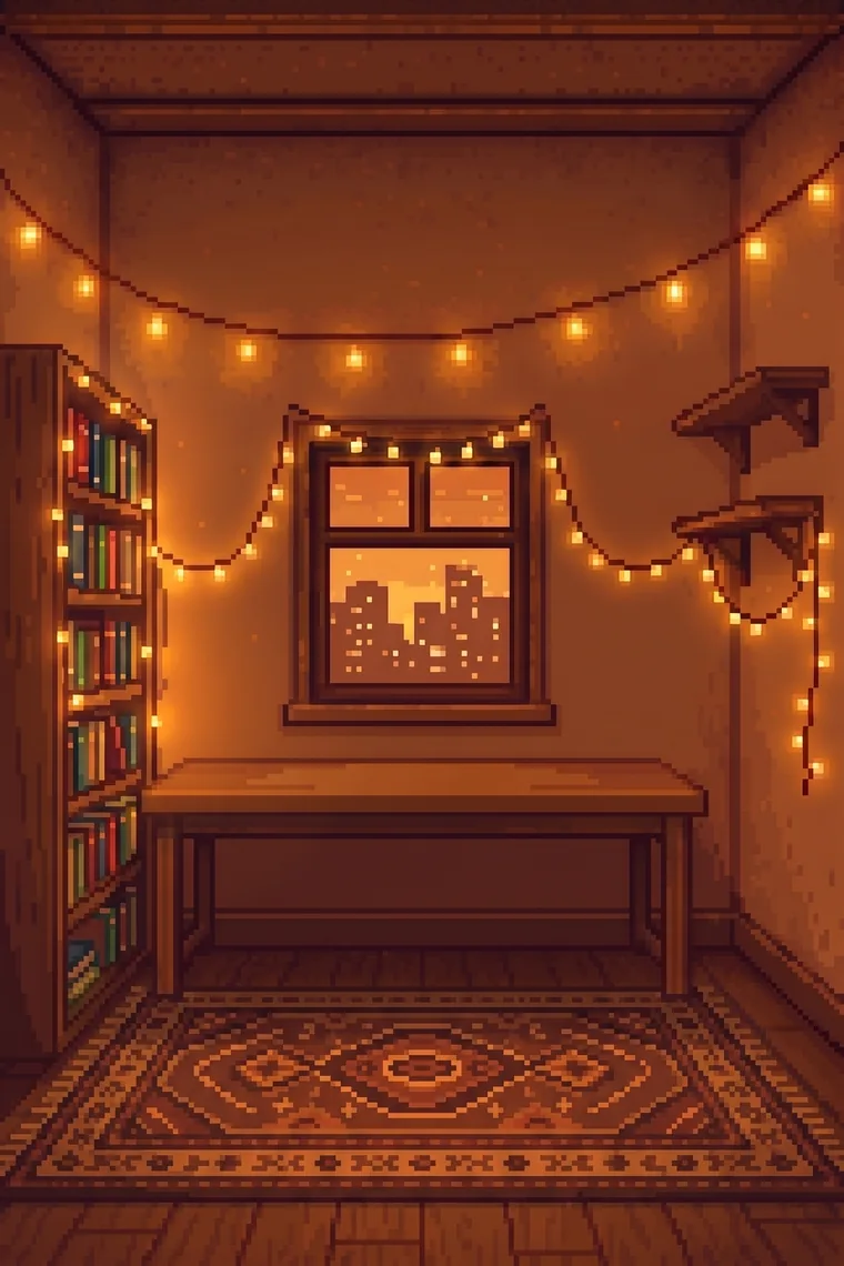 A pixel-art room with a bookshelf and a rug, lit by a window